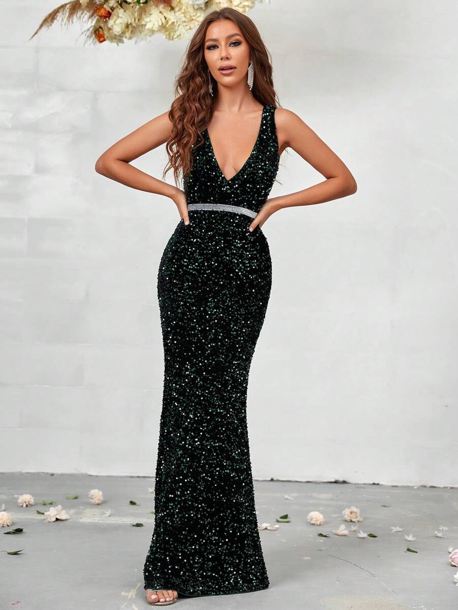 SHEIN Belle Plunging Neck Sequin Formal Dress - Green - View 1