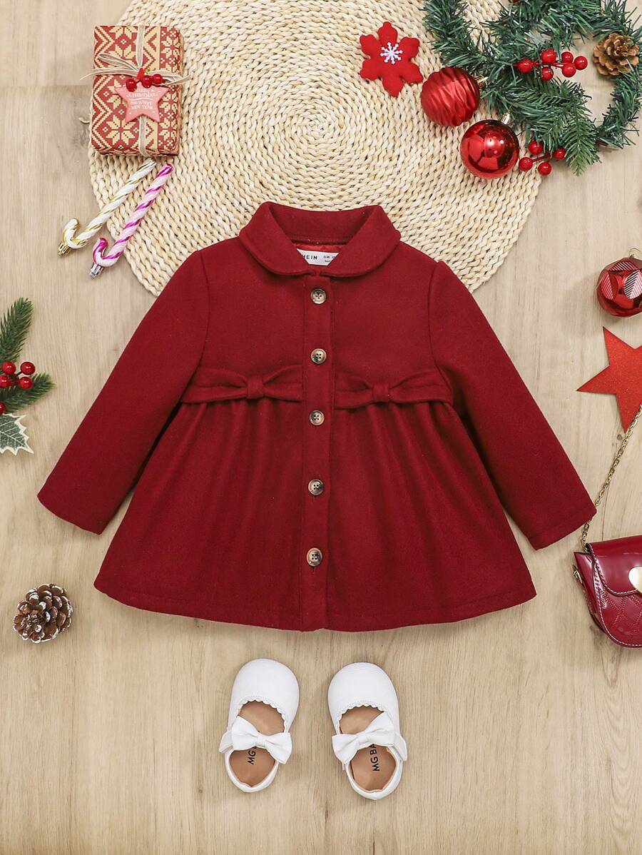 SHEIN Baby Girl Bow Front Button Up Coat - Burgundy - View 1