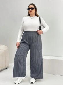 SHEIN Essnce 大碼條紋印花側翻蓋口袋闊腿褲 - 灰色 - 查看 3