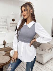 SHEIN LUNE Camisa 2 en 1 de dos tonos de manga farol