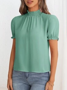SHEIN Privé Frill Trim Puff Sleeve Blouse - Green - View 3