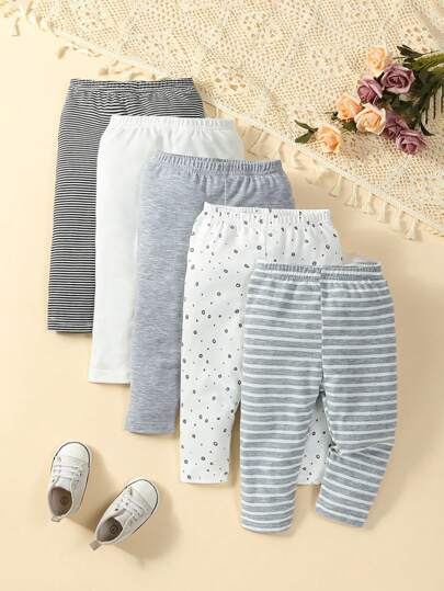 SHEIN Playful Pals Bebé niño 5 piezas Pantalones con estampado de rayas