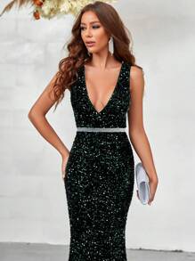 SHEIN Belle Plunging Neck Sequin Formal Dress - Green - View 6