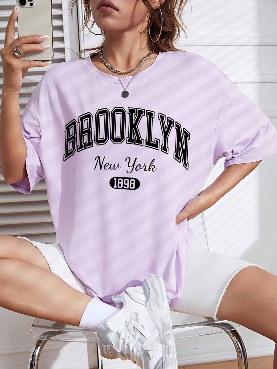 SHEIN EZwear 字母圖案落肩T恤 - 紫色 - 查看 1