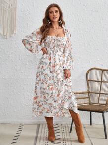 SHEIN VCAY Floral Print Square Neck Lantern Sleeve Dress Without Belt - Apricot - View 5