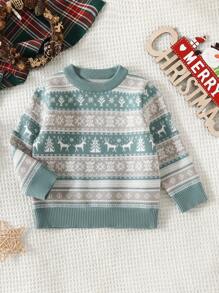 SHEIN Baby Boy Christmas Elk & Geo Pattern Sweater - Green - View 6