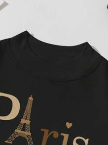 SHEIN Essnce 塔楼字母图案保暖内衬卫衣，适合毕业季、返校季、教师节等场合，女士款，秋季返校套头卫衣 - 黑色 - 查看 3