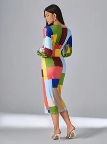 SHEIN Unity In chắp vá Tay áo lồng đèn Váy bodycon - Nhiều màu - Xem 2