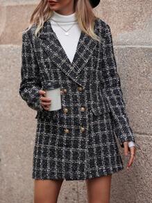 SHEIN Clasi Plaid Pattern Double Breasted Overcoat - Black - View 5