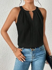 SHEIN Essnce 素色鎖眼領襯衫 - 黑色 - 查看 4