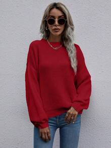 SHEIN LUNE Solid Drop Shoulder Ribbed Knit Sweater - Red - View 6