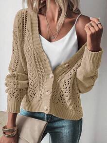 SHEIN LUNE Dệt kim chấm bi Thả vai Áo len Mở - Màu Khaki - Xem 3