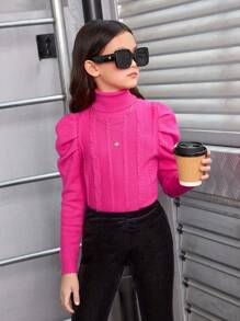 SHEIN Tween女孩高領蓬蓬袖毛衣 - 玫紅色 - 查看 1