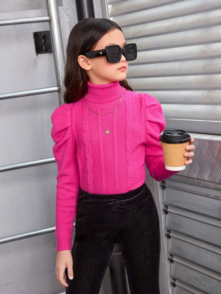 SHEIN Tween Girl Turtleneck Gigot Sleeve Sweater - Hot Pink - View 1