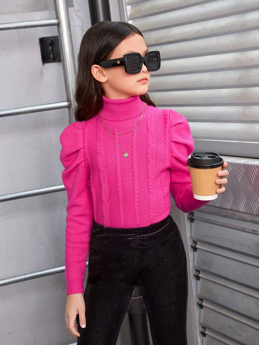 SHEIN Tween女孩高領蓬蓬袖毛衣 - 玫紅色 - 查看 1