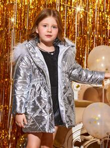 SHEIN 年轻女孩毛绒装饰连帽棉服外套 - 銀色 - 查看 4