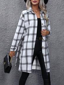 SHEIN LUNE Plaid Print Drop Shoulder Belted Overcoat - Black and White - View 3