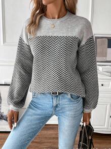 SHEIN Clasi Herringbone Pattern Drop Shoulder Printed Sweater - Multicolor - View 5