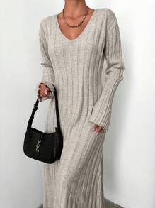 EURMUSE Vestido de punto unicolor tejido de canalé - Albaricoque - Ver 5