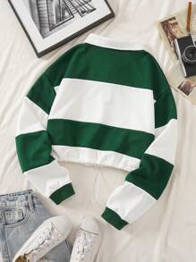 INAWLY Letter Graphic Colourblock Polo Neck Drawstring Hem Crop Sweatshirt - Multicolor - View 2