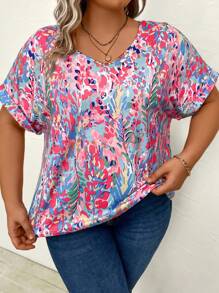 SHEIN LUNE Plus Allover Print Batwing Sleeve Tee - Multicolor - View 5