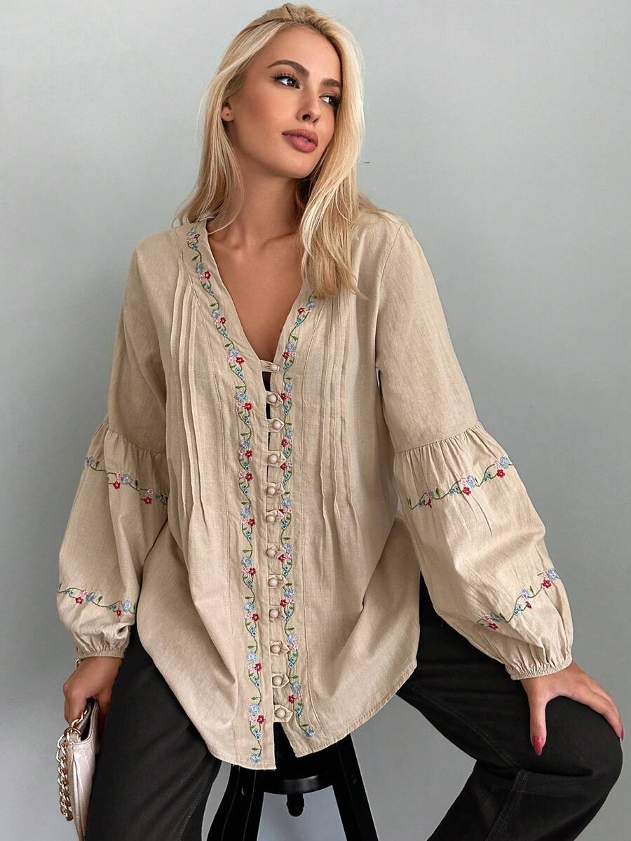 RueChic Floral Embroidery Lantern Sleeve Blouse - Khaki - View 1