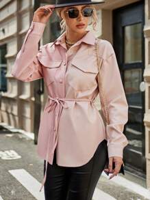 GENKIRA Flap Pocket Drop Shoulder Belted Coat Fall Cloth For Women - Pink - View 3
