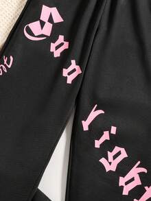 SHEIN Tween Girl Letter Graphic Pants - Black - View 5