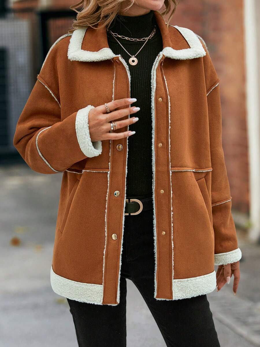 SHEIN LUNE 撞色滾邊落肩袖毛絨內襯仿麂皮外套 - 棕色 - 查看 1