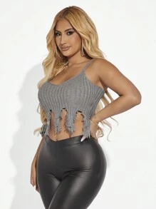 SHEIN SXY Viền không đối xứng Ngắn Cami Knit Top - Màu Xám nhạt - Xem 3