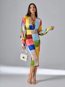 SHEIN Unity In chắp vá Tay áo lồng đèn Váy bodycon - Nhiều màu - Xem 5