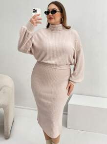 SHEIN Essnce Plus Turtleneck Drop Shoulder Top & Skirt - Apricot - View 6