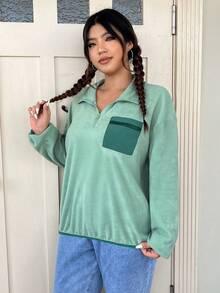 SHEIN EZwear Hơn Tương phản Túi có nắp Thả vai Một nửa khóa kéo Áo nỉ - Màu xanh Bạc hà - Xem 3
