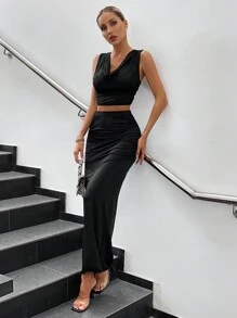 Zolique 垂領扭結露背短款背心&半身裙 - 黑色 - 查看 6