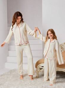 SHEIN Leap Crew 女大童1入組拼接滾邊落肩袖睡衣套裝 - 杏色 - 查看 7