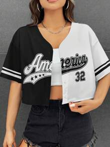 SHEIN EZwear 字母圖案雙色落肩袖短款襯衫 - 黑與白 - 查看 7