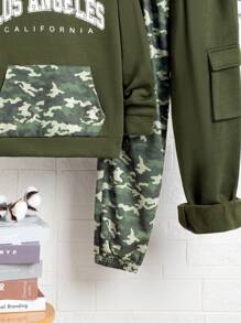 SHEIN Tween Boy Letter Graphic Kangaroo Pocket Hoodie & Sweatpants - Green - View 5