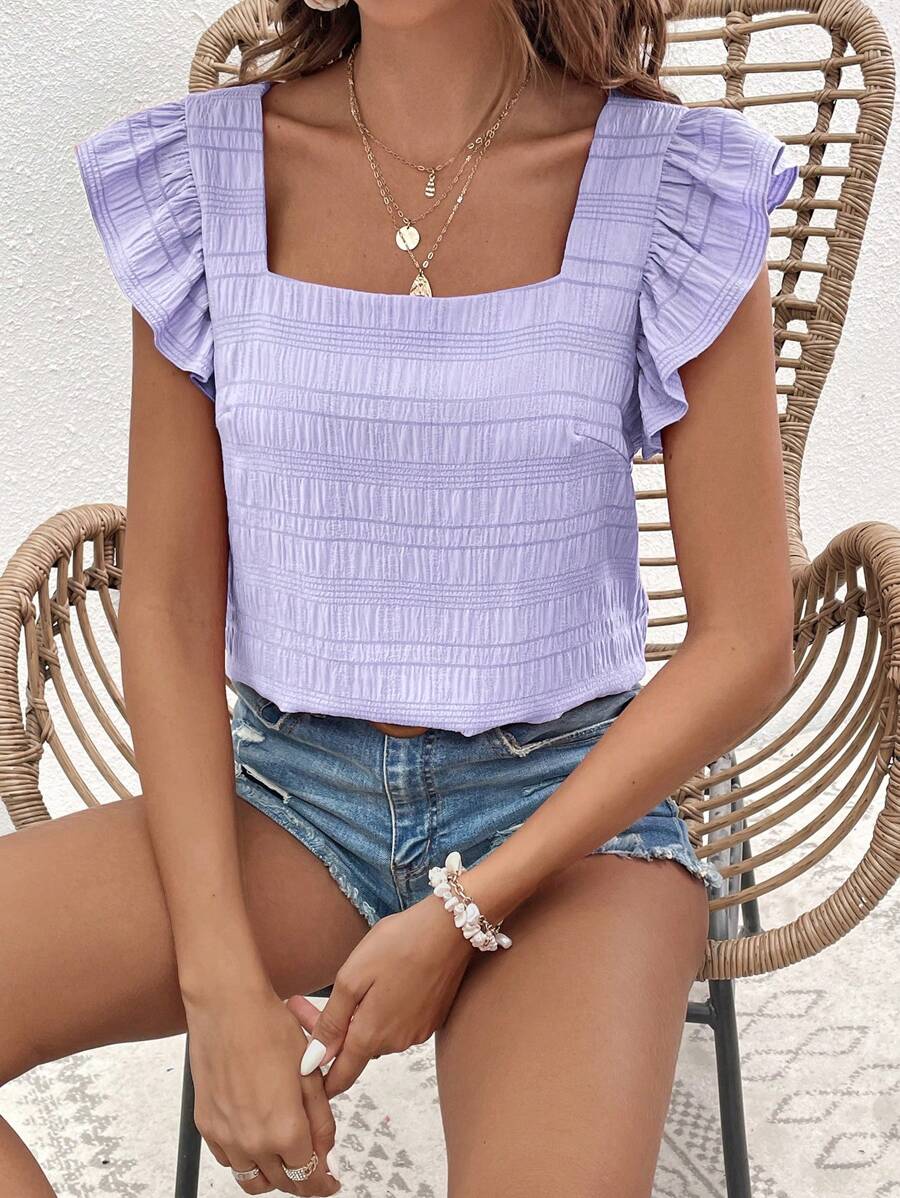 SHEIN VCAY Women's Vacation Casual Solid Color Textured Cap Sleeve Blouse - Lilac Purple - View 1