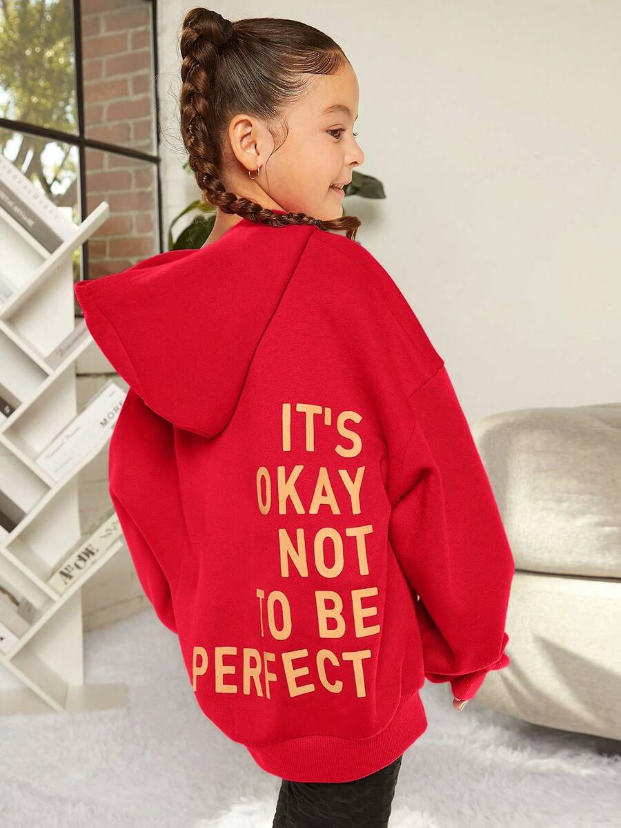 SHEIN Tween Girl Slogan Graphic Drop Shoulder Sweatshirt - Red - View 1