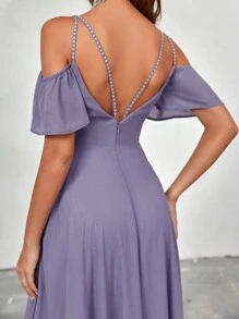 SHEIN Belle Cold Shoulder Split Thigh Chiffon Bridesmaid Dress - Purple - View 3