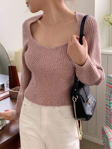DAZY Cổ Trái tim Tay Raglan Đồ đan Ribbed Áo len - Bụi hồng - Xem 5