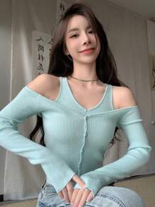 DAZY Cold Shoulder Ribbed Knit Sweater,Fall Clothes