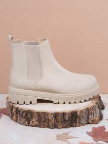 SHUZIA Women's Slip-On Round Toe Chunky Lug Sole Pu Bone Chelsea Boots –Comfortable & Classic New Year Holiday Valentine Gifts Summer Shoes Valentines Spring Shoes