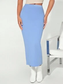 SHEIN BASICS 素色高腰鉛筆裙 - 淺藍色 - 查看 5