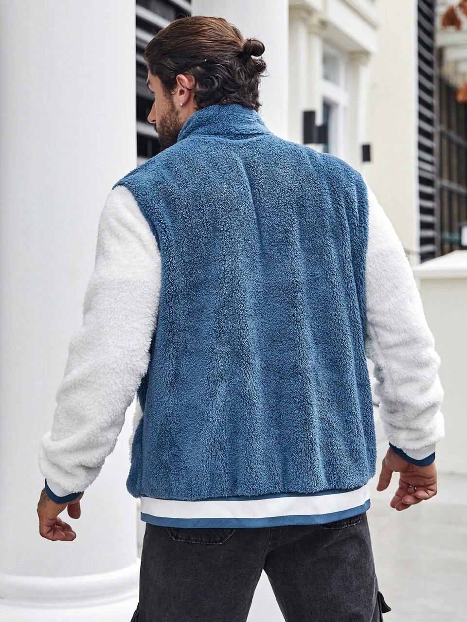 Men Plus Letter Embroidery Contrast Sleeve Zip Up Teddy Jacket