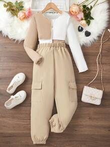 SHEIN Explorewe Tween Girl Two Tone Ribbed Tee & Flap Pocket Pants - Multicolor - View 1