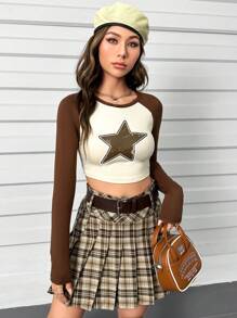 SHEIN Unity Women's Star Print Contrast Color Round Neck Long Sleeve T-Shirt - Brown - View 6
