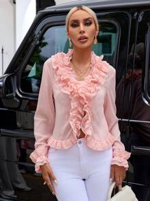 SHEIN Privé Ruffle Trim Flare Sleeve Crop Jacket - Pink - View 6