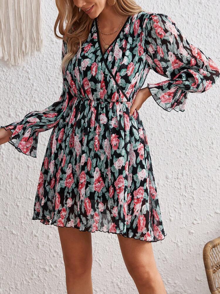 Allover Print Flounce Sleeve Dress