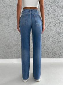 EURMUSE High Waist Straight Leg Jeans - Medium Wash - View 2